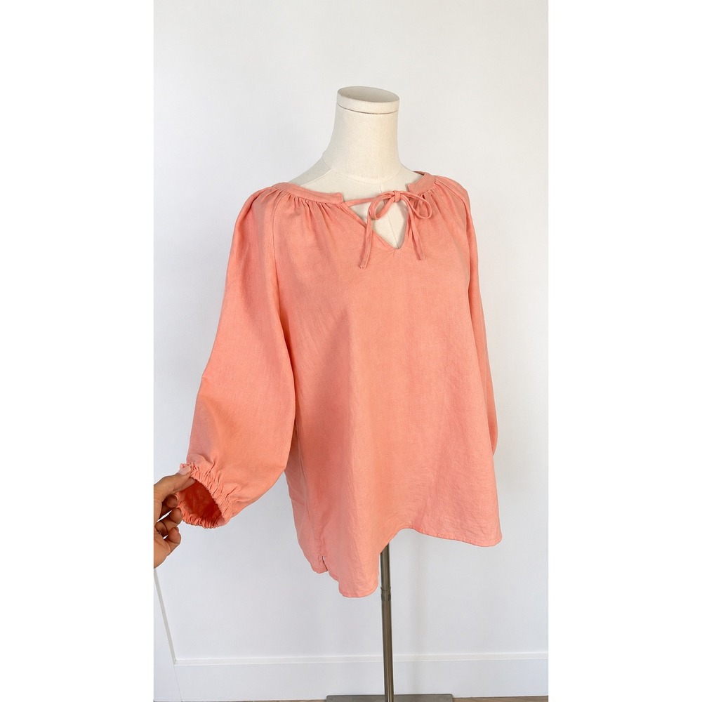 Nine West Peasant Blouse Womens Boho Coastal Grandma L Coral Linen Blend